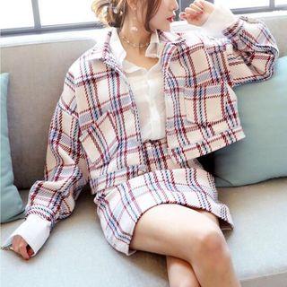 Set: Plaid Buttoned Jacket + Mini A-line Skirt