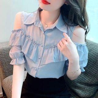 Puff-sleeve Cold-shoulder Chiffon Shirt