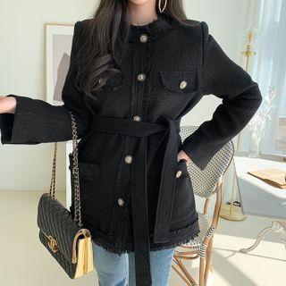 Fringed Tweed Jacket With Sash Black - One Size