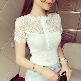Lace Panel Ribbed Short-sleeve T-shirt