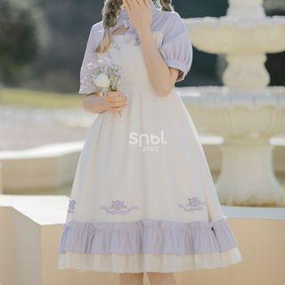Mock Two-piece Puff-sleeve Cutout Floral Print Dress