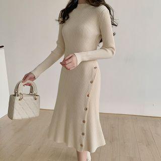 Mock-neck Ribbed Knit Midi A-line Dress