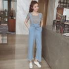 Set: Short-sleeve Stripe Top + Cropped Jumper Pants