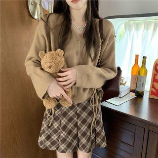 V-neck Drawstring Long-sleeve Cardigan / High-waist Plaid Mini Skirt