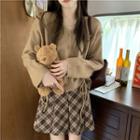 V-neck Drawstring Long-sleeve Cardigan / High-waist Plaid Mini Skirt