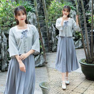 Set: Elbow-sleeve Chinese Knot Button Blouse + Pleated Midi Skirt