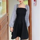 Lantern-sleeve Plaid Panel Mini A-line Dress
