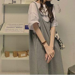 Elbow-sleeve Lettering T-shirt / Spaghetti Strap Plain Midi Dress