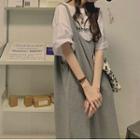 Elbow-sleeve Lettering T-shirt / Spaghetti Strap Plain Midi Dress