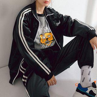Set: Contrast Trim Zip Velvet Jacket + Velvet Sweatpants