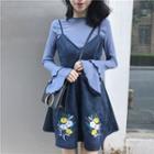 Bell-sleeve T-shirt / Floral Embroidered Faux Suede Pinafore Dress
