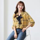 3/4-sleeve Checked Blouse With Scarf