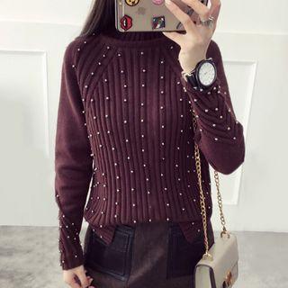 Faux Pearl Slit Sweater