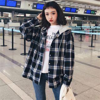 Mock Two-piece Plaid Hooded Jacket Plaid - One Size