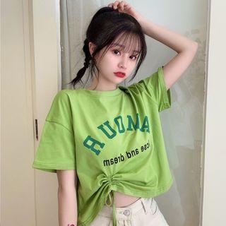 Drawstring Lettering Short-sleeve Cropped T-shirt