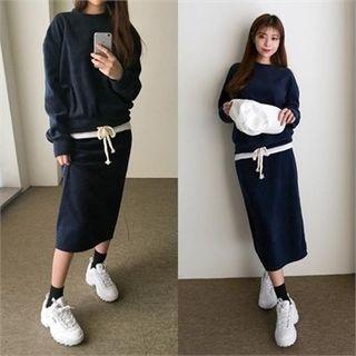 Set: Drawstring-hem Sweatshirt + Midi Skirt