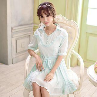 Elbow-sleeve Tie Waist Chiffon Dress