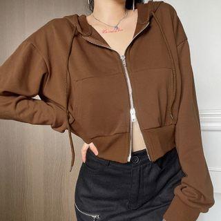 Plain Loose Fit Zip-up Hooded Long Sleeve Jacket