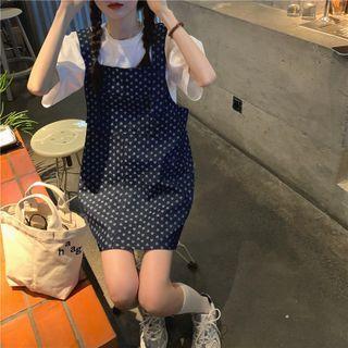 Elbow-sleeve Plain T-shirt / Heart Print Denim Mini Overall Dress