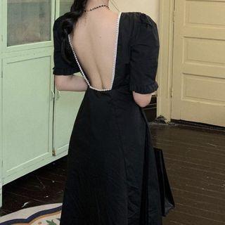 Short-sleeve Open Back Midi A-line Dress