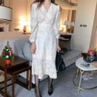 Fringed Trim Long-sleeve Midi Sheath Dress Milky White - One Size