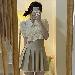 Bow Cropped Blouse / Pleated Mini A-line Skirt / Set