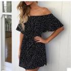 Off-shoulder Ruffle Dotted Playsuit