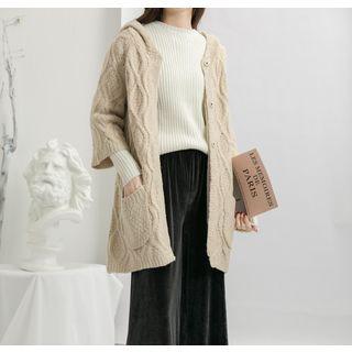 Hooded Cable-knit Button Long Cardigan