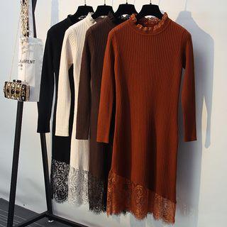 Long-sleeve Lace Panel Midi Knit Dress
