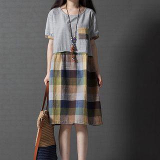 Check Panel Linen Cotton Short-sleeve T-shirt Dress