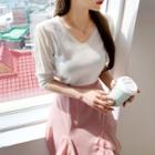 Pastel V-neck Puff-sleeve Knit Top