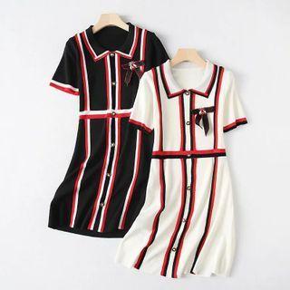 Striped Collared Short-sleeve A-line Knit Dress