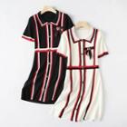 Striped Collared Short-sleeve A-line Knit Dress