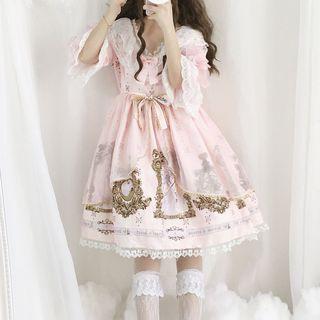 3/4-sleeve Printed Lace Trim A-line Dress