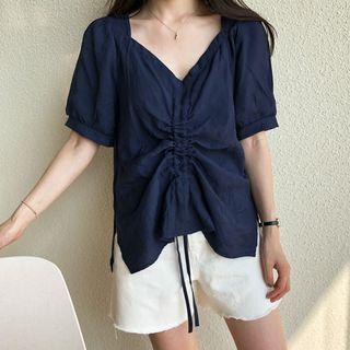 Short-sleeve Drawstring Blouse Blue - One Size