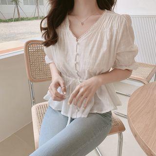 Elbow-sleeve Tie Waist Buttoned Top