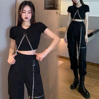 Short-sleeve Cropped T-shirt / Chain Body Harness / Cargo Harem Pants / Set