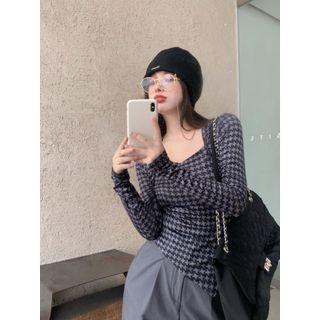 Long-sleeve Houndstooth T-shirt Gray - One Size