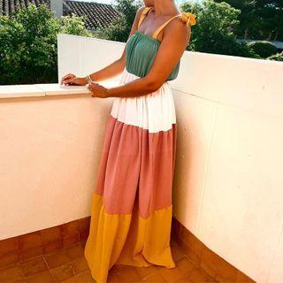 Spaghetti-strap Color Block Maxi A-line Dress