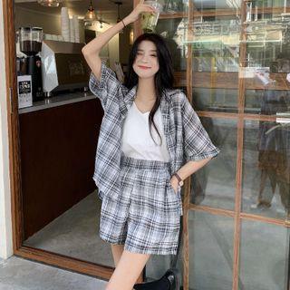 Long-sleeve Plaid Shirt + Plaid Shorts
