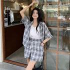 Long-sleeve Plaid Shirt + Plaid Shorts