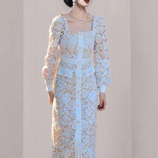Long-sleeve Square Neck Sheath Midi Lace Dress