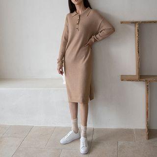 Drop-shoulder Midi Knit Polo Dress