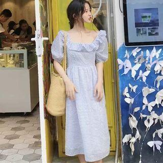 Puff Sleeve Ruffled Square Neck Check A-line Dress