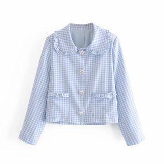 Collared Frill Trim Gingham Check Button Jacket