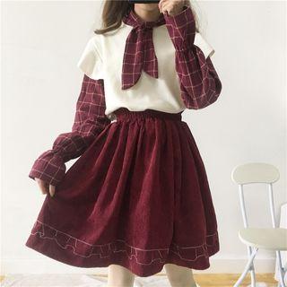 Mock Two-piece Plaid Panel Long-sleeve Top / Embroidered A-line Skirt / Pom Pom Detail Wide-leg Pants