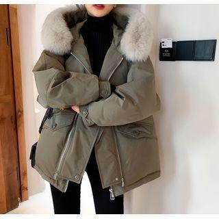 Large Shearling-collar Hooded Down Coat