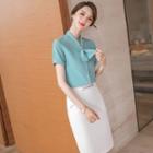 Short-sleeve Tie-neck Blouse / Pencil Skirt / Wide Leg Pants / Set
