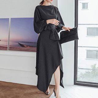 Long-sleeve Pinstriped Asymmetric Hem A-line Dress