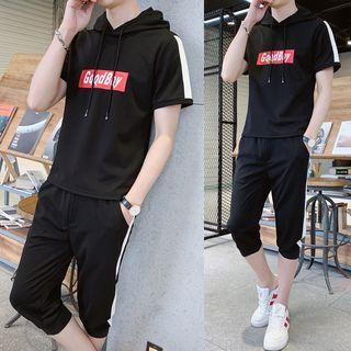 Set: Color Block Hooded Short-sleeve T-shirt + Cropped Pants